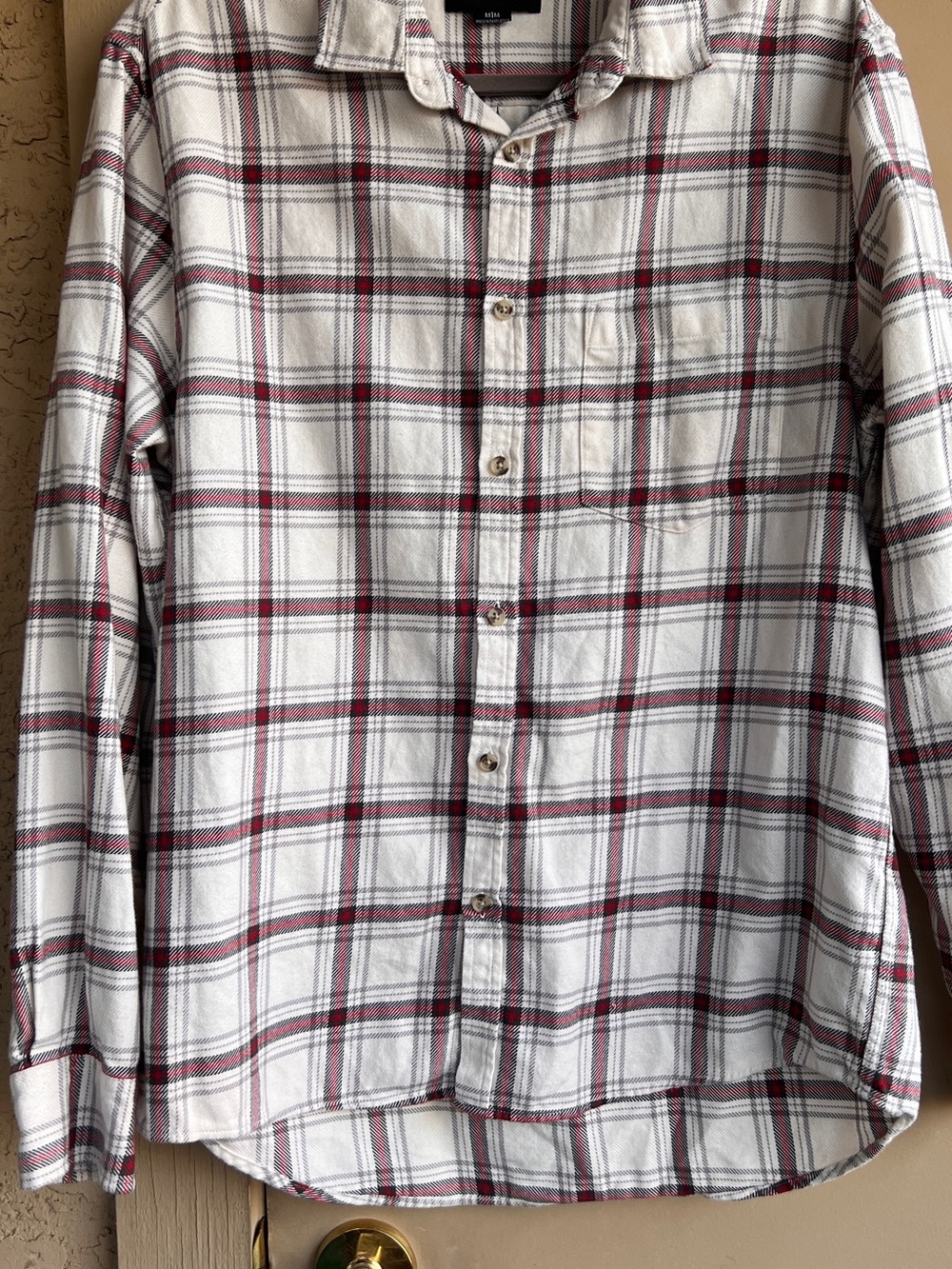 Men's White and Burgundy Plaid Button-Up Shirt